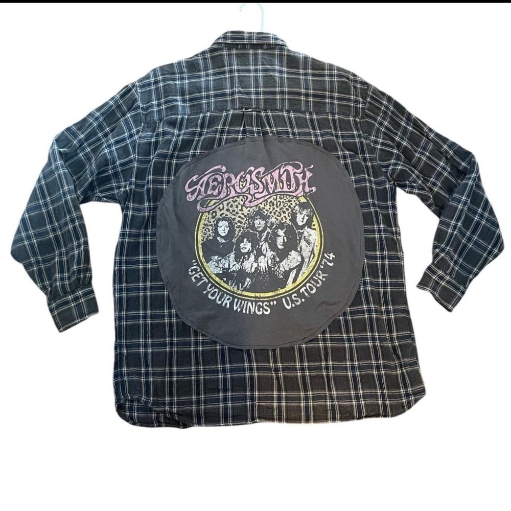 Upcycled Distressed Aerosmith appliqué upcycled flannel band tee 2x mens